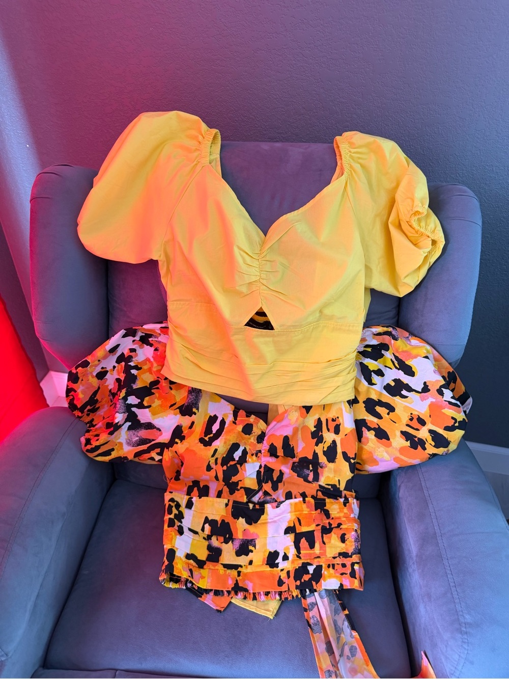 New York & Company Yellow Puff-Sleeve Top with Printed Skirt Set